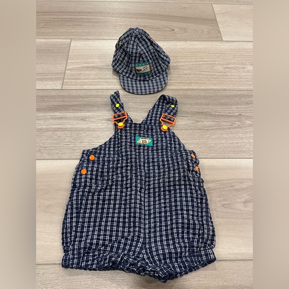 GYMBOREE Rainbow Tag VINTAGE SPORTS Blue Gingham Football Shortalls XSMALL Cap - Picture 1 of 7